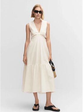 Mango Sleeveless V-Neck Midi Dress in Cream